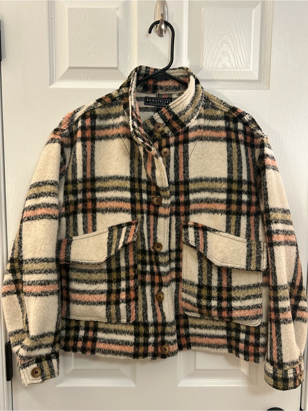 bagatelle Cream and Pink Plaid Wool-Blend Utility Jacket